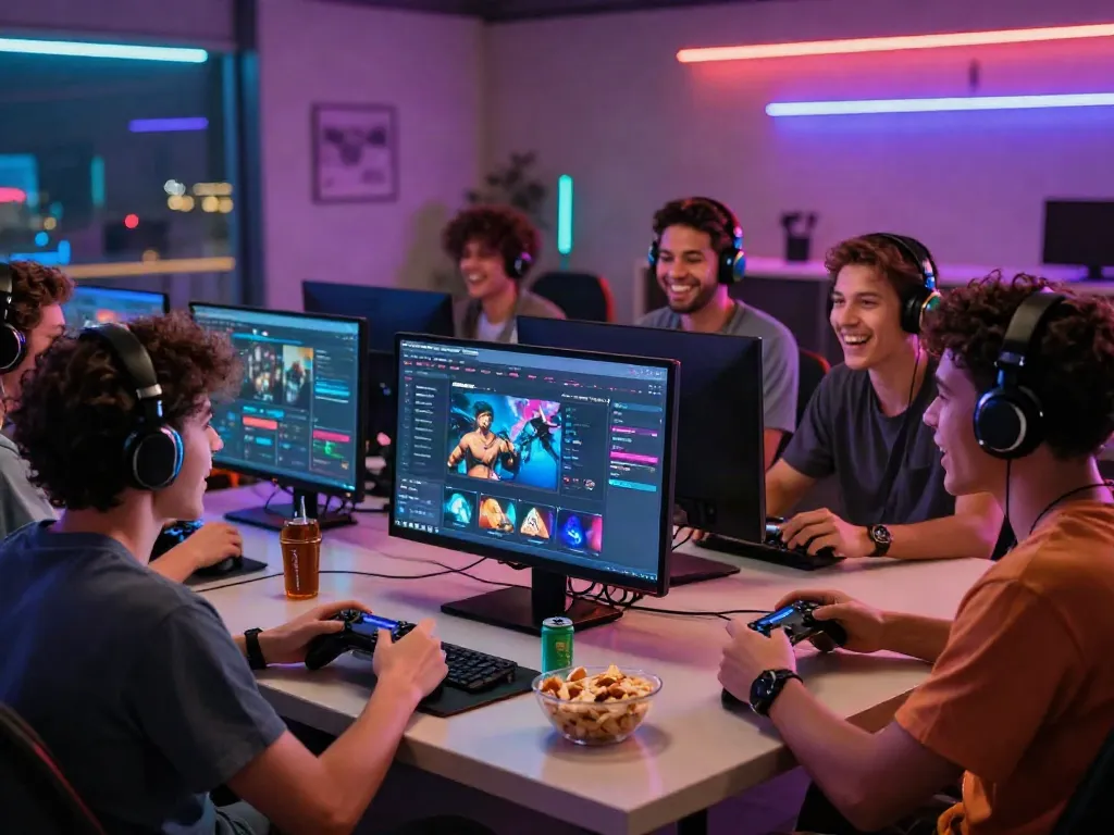 Group of friends enjoying a gaming session on Manclub platform, showcasing excitement and fun