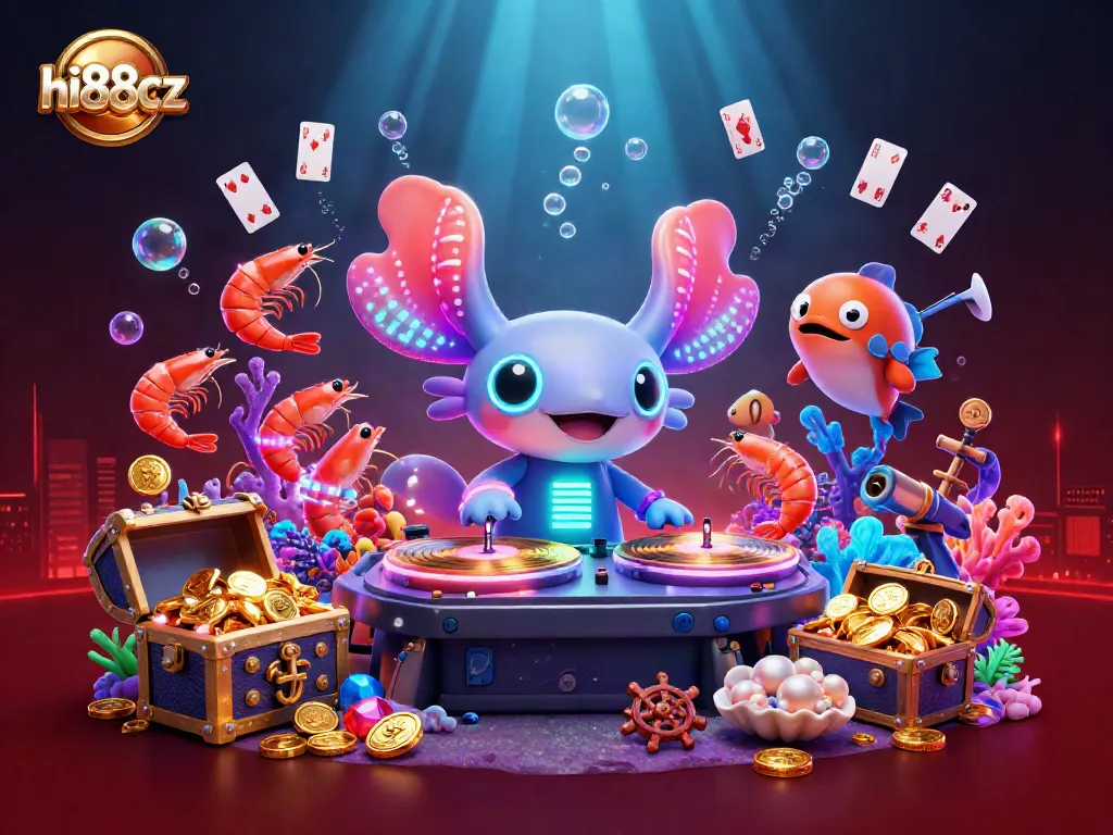 Experience vibrant gaming at hi88cz with a neon axolotl DJ and playful sea creatures.