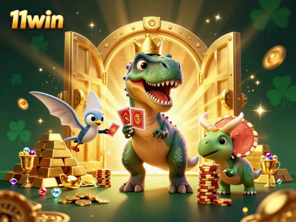 Experience thrilling wins at 11win Casino, where a friendly dinosaur deals cards surrounded by gold and gems.