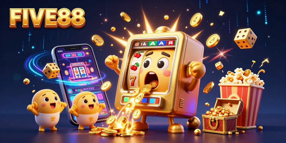 Experience the excitement of FIVE88's golden slot machine jackpot as it bursts with coins and cheers!