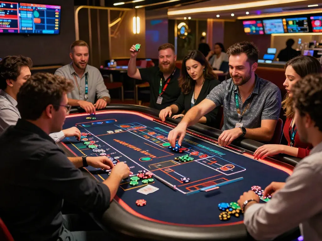 Online gaming excitement at https://net88.broker/ with players around digital roulette table.