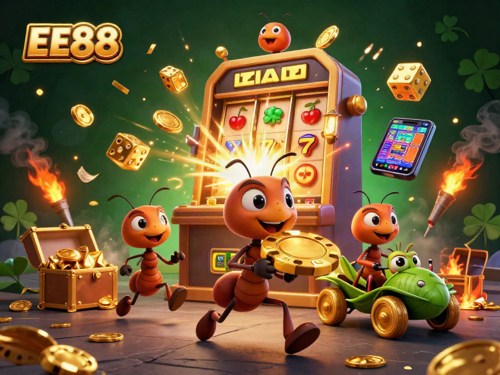 Ants heist a massive poker chip in a vibrant casino scene, showcasing EE88's gambling adventure.