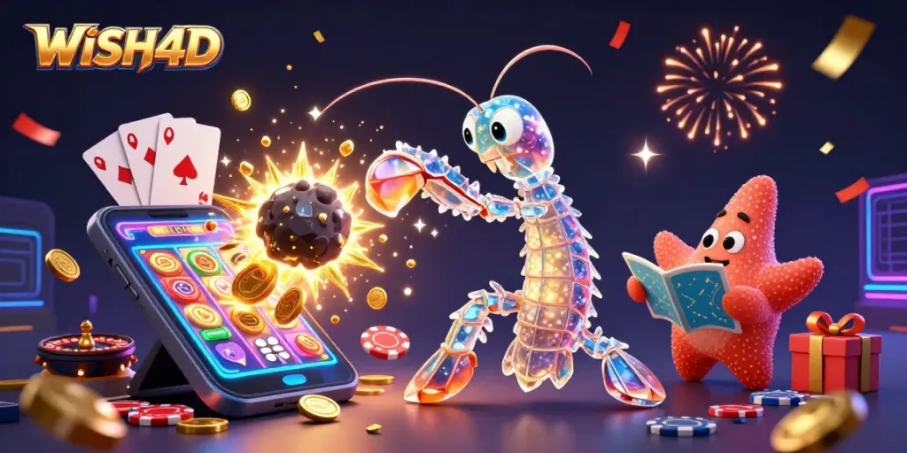 Engage with WISH4D through a vibrant 3D digital casino scene featuring unique characters and dynamic gaming elements.