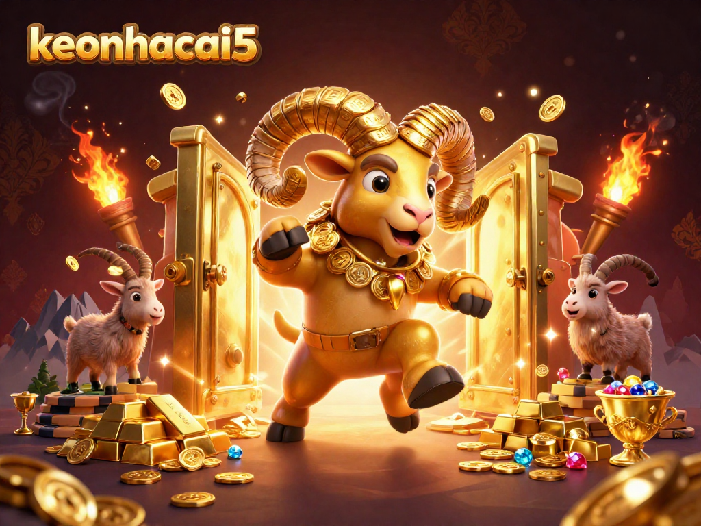 Engage with keonhacai5 as a golden ram charges through a treasure vault bursting with wealth.