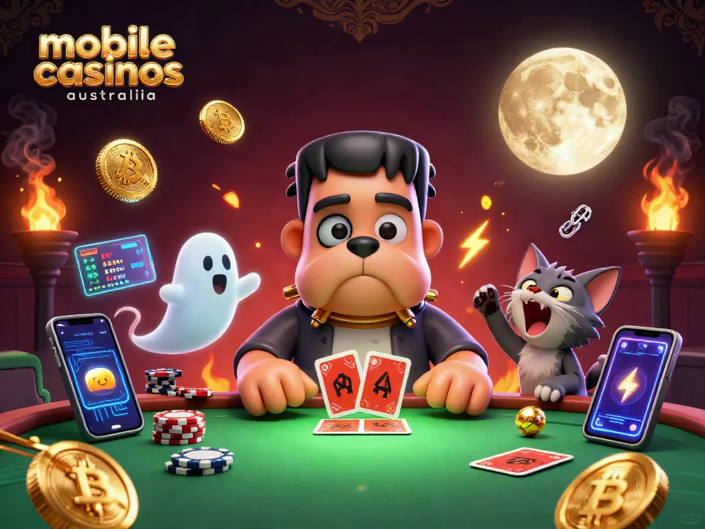 Engage with mobile casinos Australia through a vibrant 3D scene featuring cartoon characters and crypto elements.