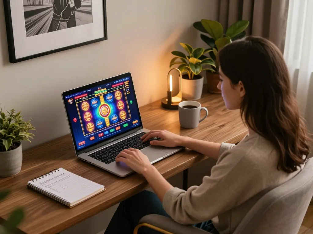 Player enjoying slot games on tr88s in a cozy home office with warm lighting.