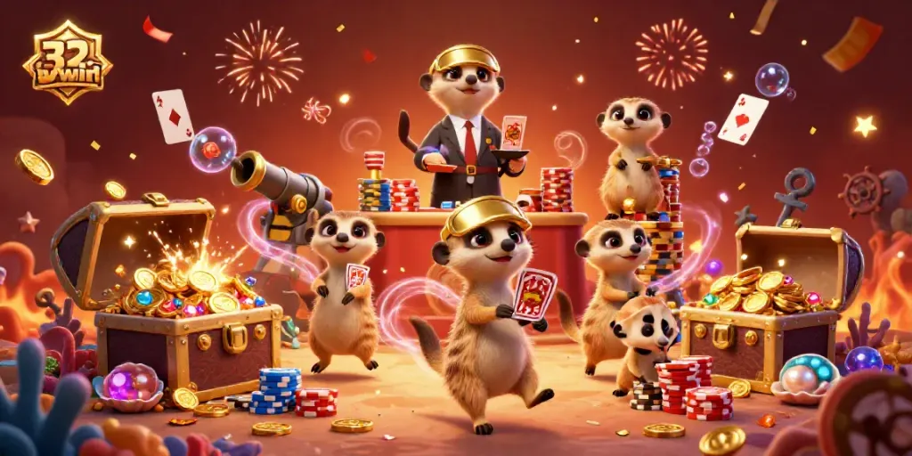 Experience the thrilling 32win casino atmosphere with playful meerkats and sparkling treasures.
