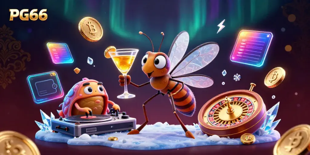 Engage with PG66's vibrant casino scene featuring a frozen mosquito mascot and a trilobite DJ.