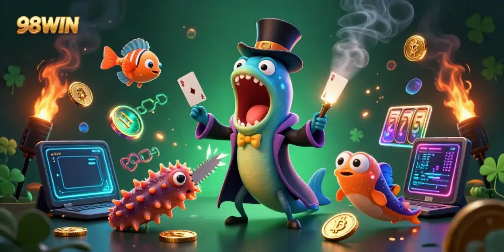 Engage with immersive 98WIN gaming featuring a bioluminescent eel magician, crypto visuals, and slot reels.