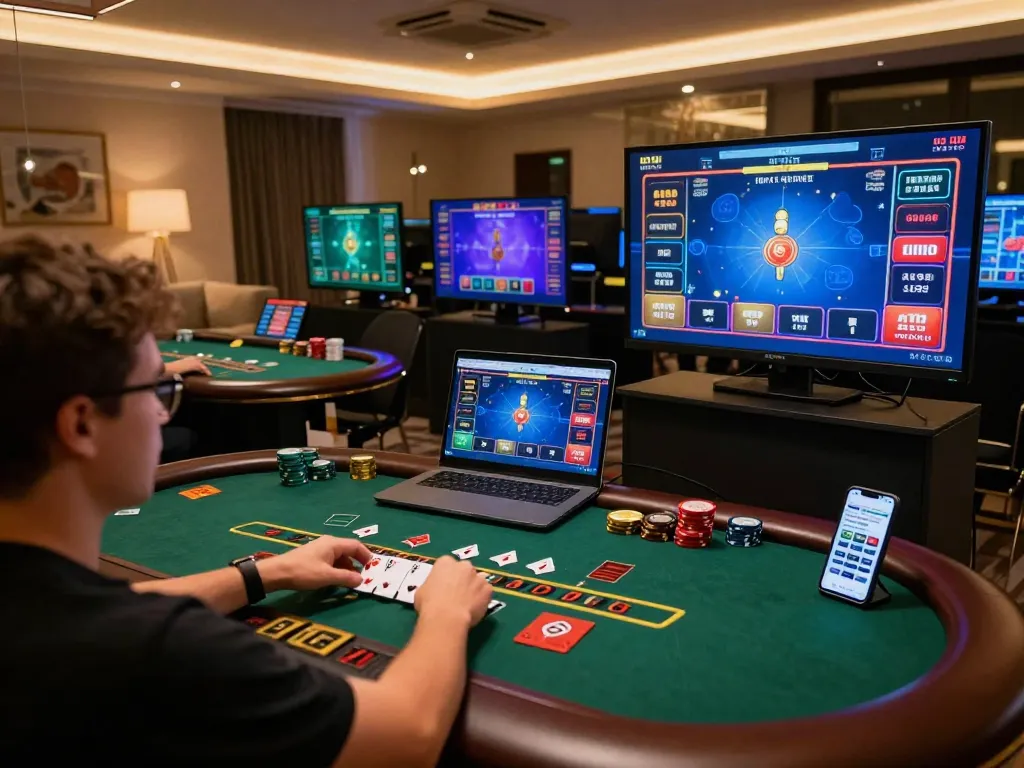 98win player enjoying immersive online blackjack experience at home with multiple screens.