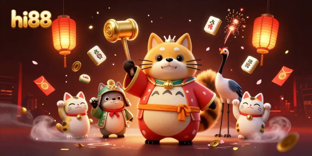 Hi88: Chơi casino thú vị với tanuki, crane và mèo may mắn trong trò chơi.