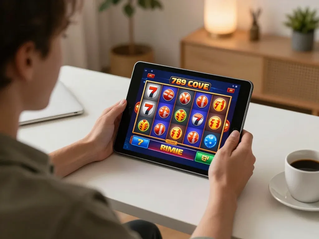 Engaged player enjoying the 789 casino game on tablet, showcasing a colorful slot interface in a cozy environment.