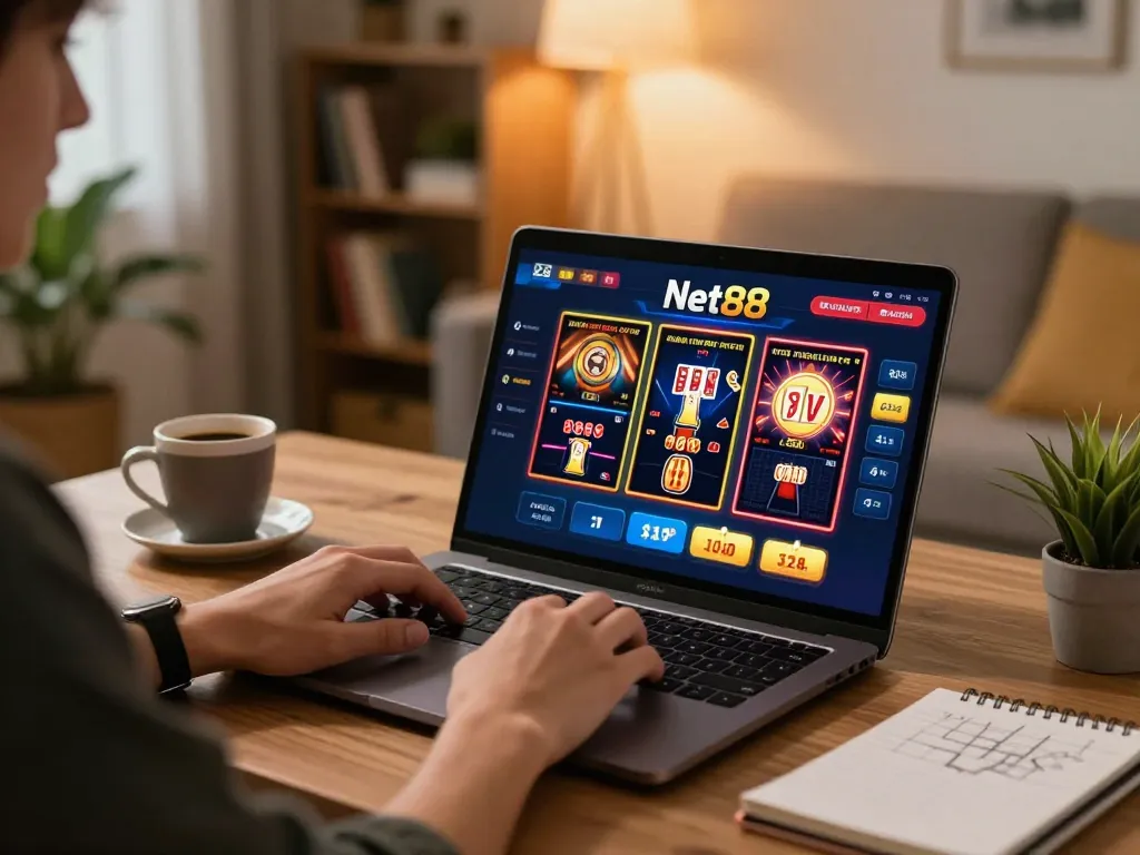 Player engaging in online gaming at net88, showcasing an exciting home casino setup with laptop and strategy notes.