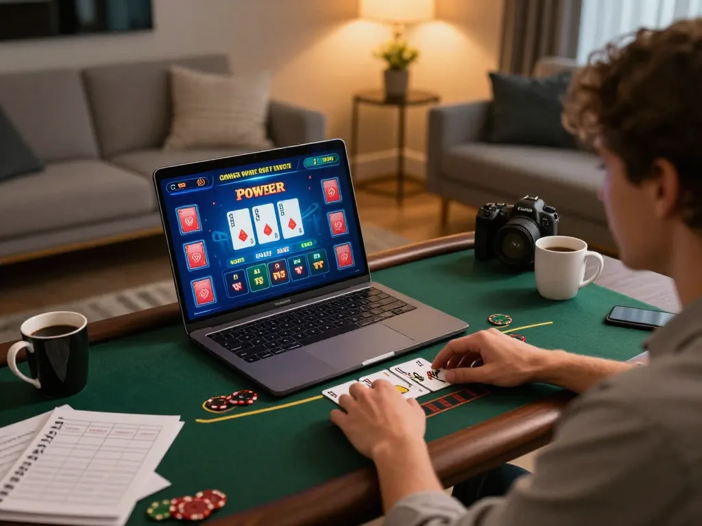 Engaged player using laptop for SC88 Power Blackjack, surrounded by strategy notes and warm lighting.