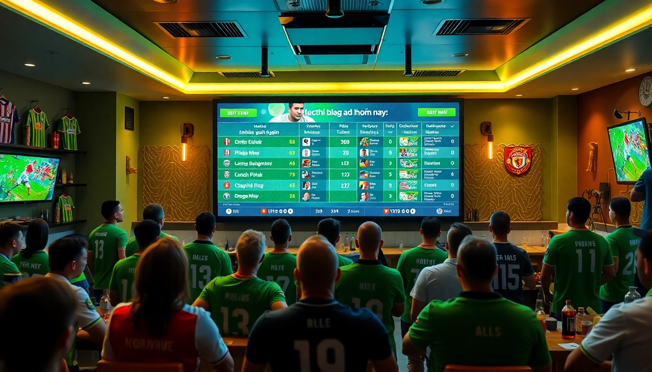 Lịch thi đấu bóng đá hôm nay mới nhất showcased on screens in an exciting sports bar setting with fans.