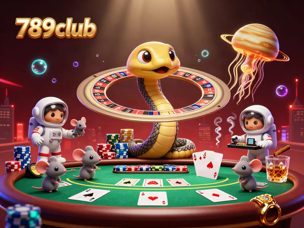 Experience thrilling bets at 789club with astronaut mice and a cosmic dealer in a vibrant casino scene.