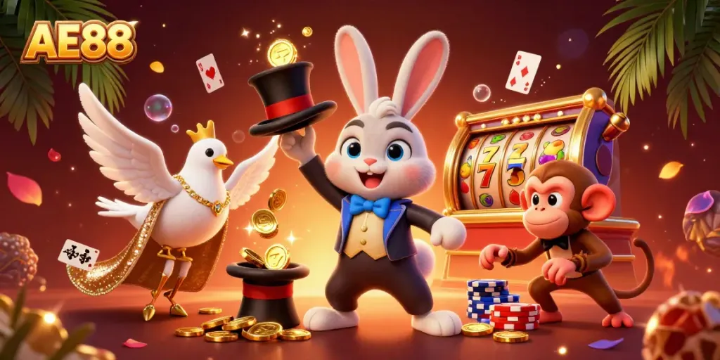 Experience the magic at AE88 as a magician rabbit conjures golden coins amidst vibrant casino elements.