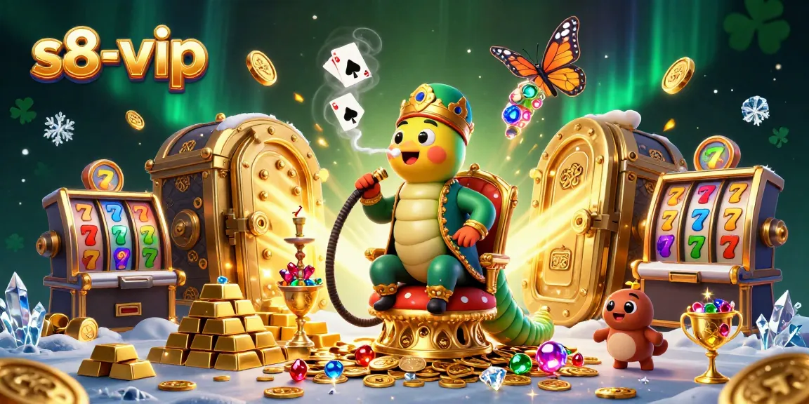 Experience the thrilling s8-vip universe with a vibrant 3D casino scene showcasing slot reels and luxurious treasures.