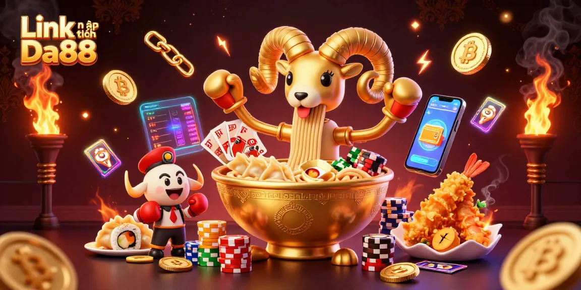 Engage with Link nạp tiền Da88 in an exciting casino scene with golden ramen bowl and crypto elements.