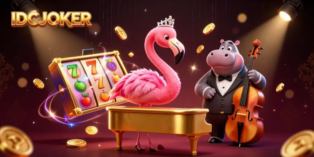 IDCJOKER showcases a vibrant casino scene with a flamingo singing and a hippo playing bass, surrounded by slot game elements.