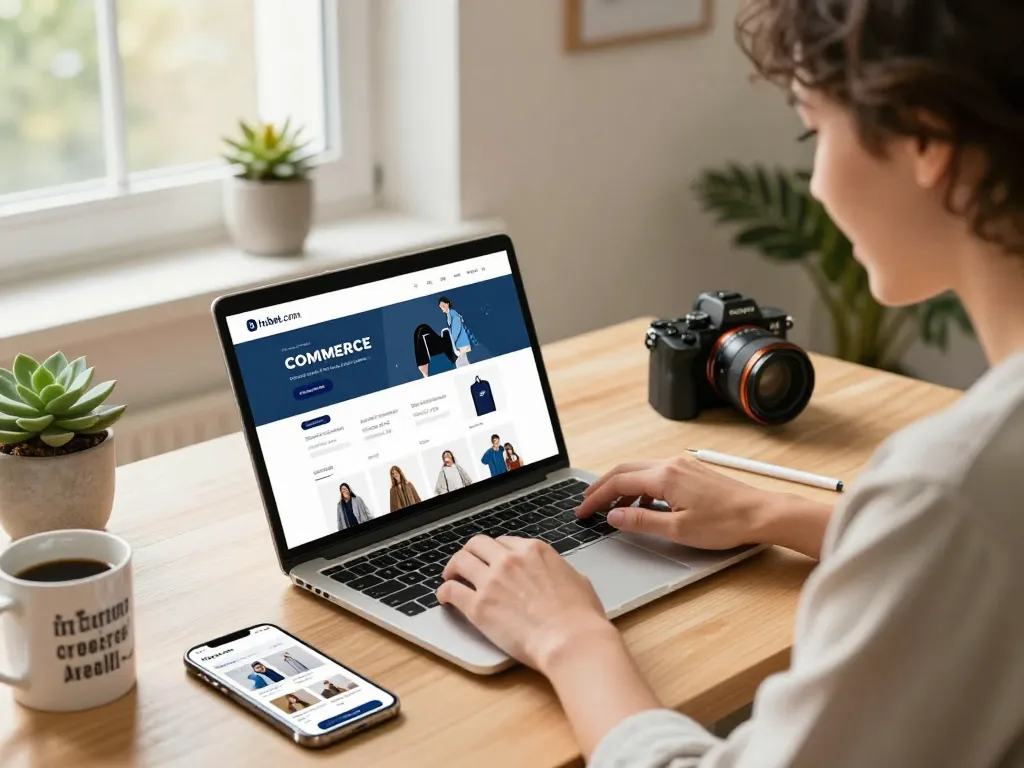Person excitedly browsing hubet.com for new products in a stylish home workspace.