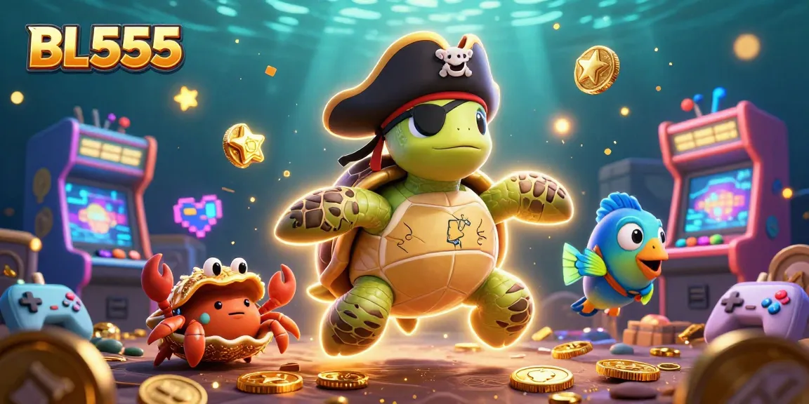 Experience thrilling gameplay at BL555 with vibrant characters amidst floating treasures and casino elements.