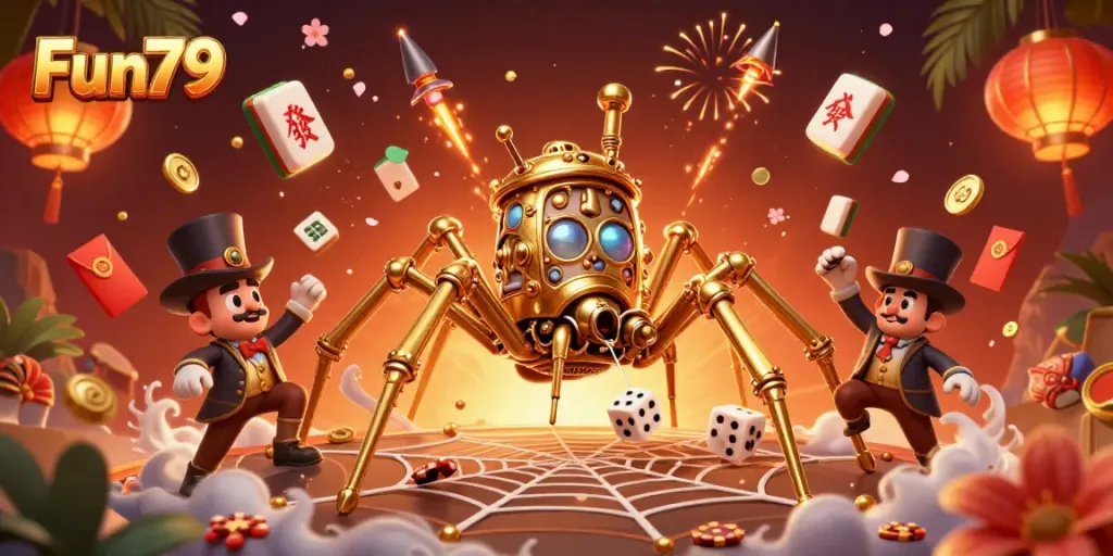 Engage with Fun79 through a vibrant 3D illustration showcasing its dynamic casino atmosphere filled with playful elements.
