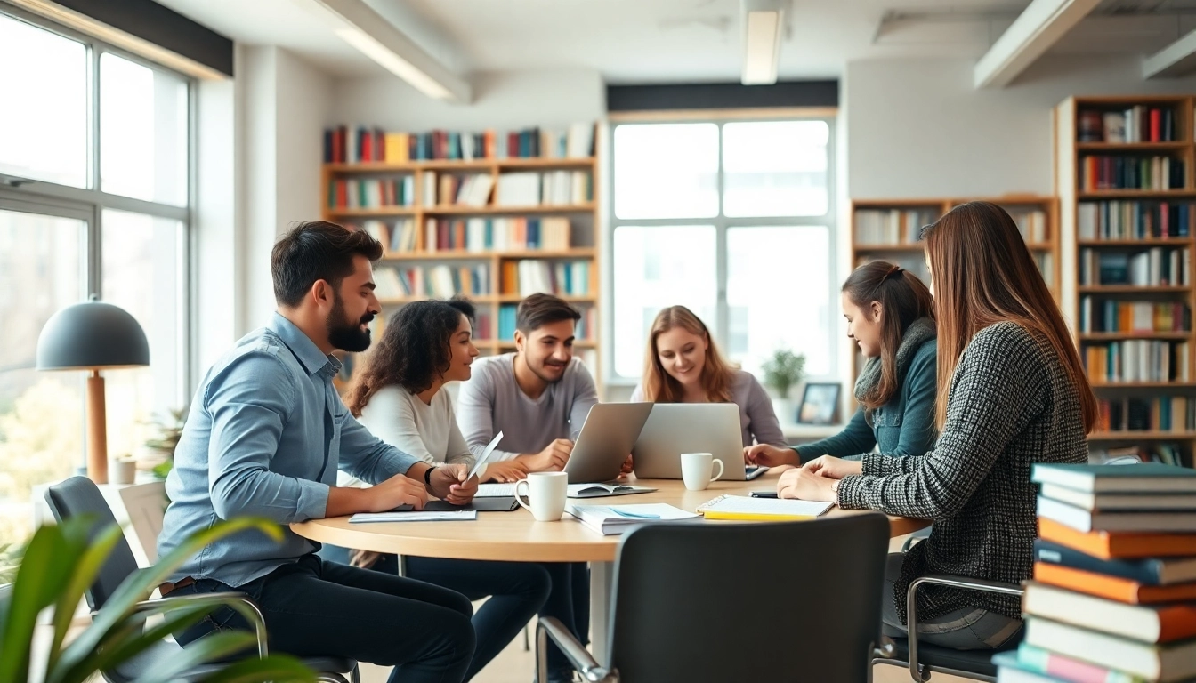 Engaged TOEFL test takers for hire collaborating in a bright study setting.