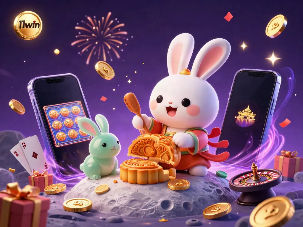 Experience the excitement of 11win casino with a lively 3D illustration of festive moon rabbits and gaming elements.