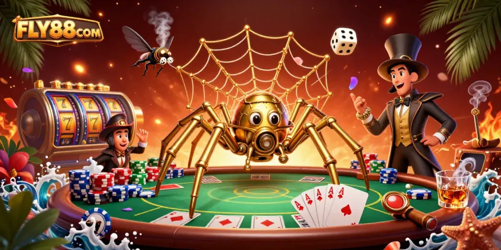 FLY88COM showcases a vibrant casino scene with a golden spider and gaming elements.