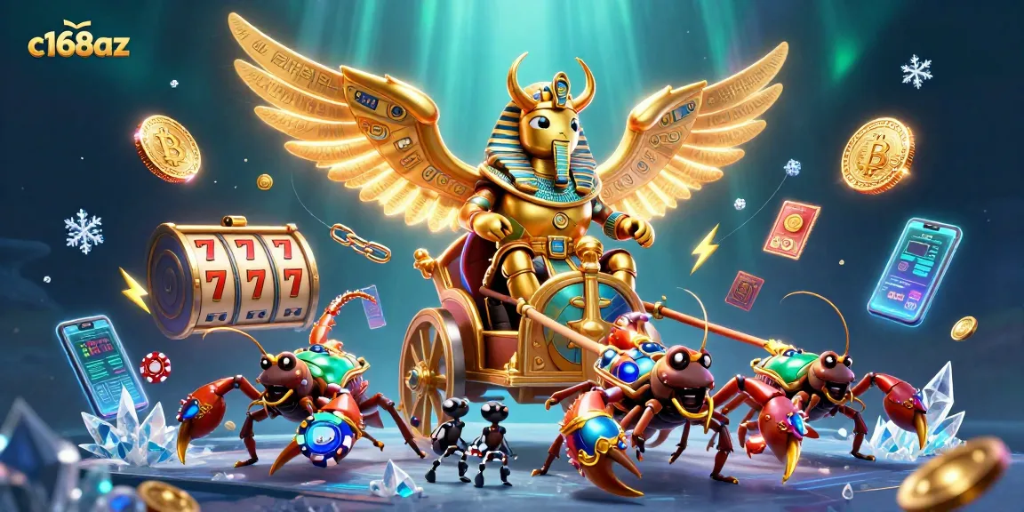 Engage with the thrilling world of c168az featuring a golden scarab beetle amidst dynamic slot and crypto elements.