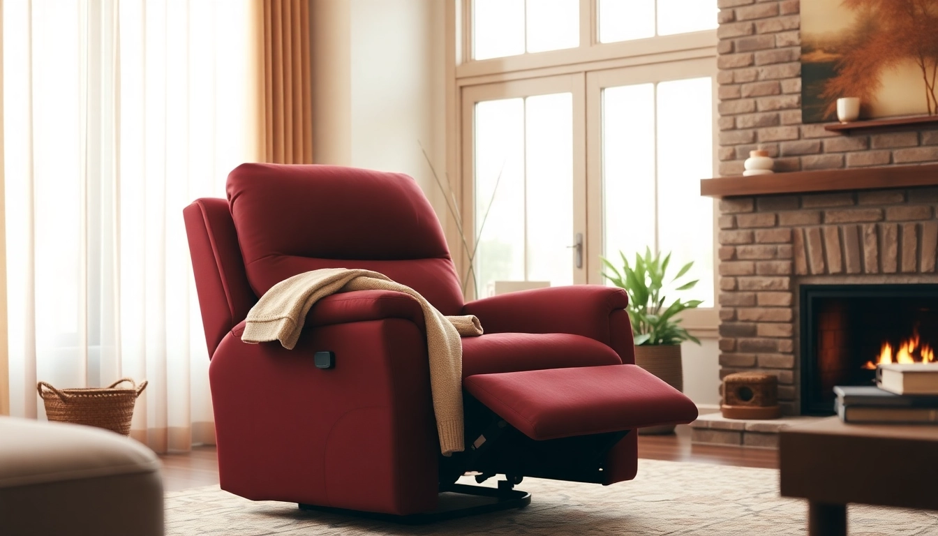 A comfortable lift chair recliner next to a fireplace in a warm, inviting living room.