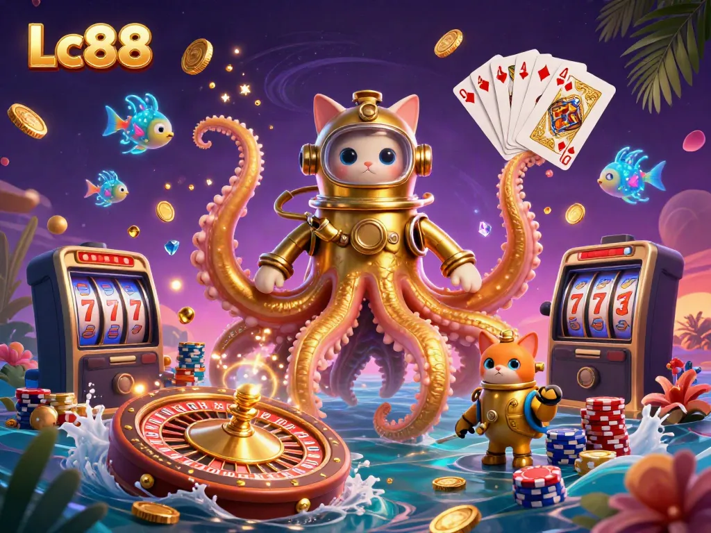 Engage with a vibrant Lc88 gaming scene showcasing a kraken, diving cat, and casino elements.