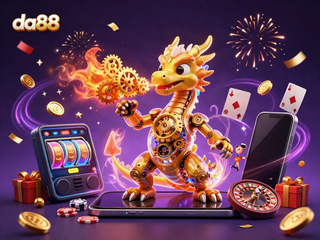 Experience exciting slot gameplay at da88 with colorful 3D elements and a whimsical dragon.
