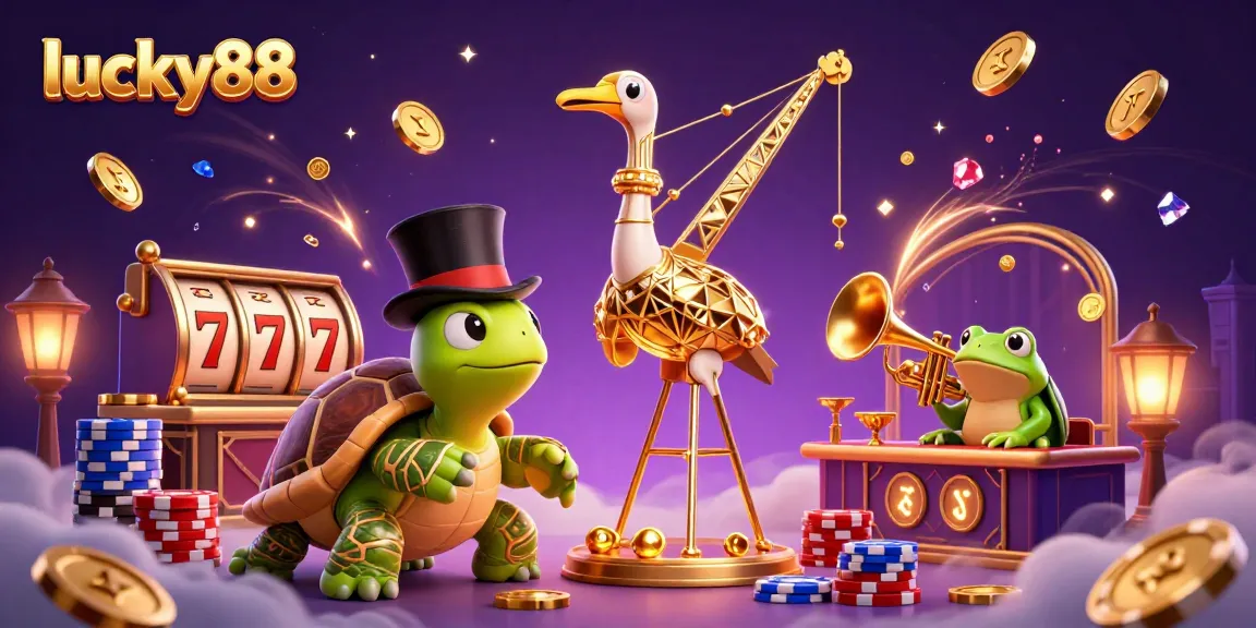 Experience the excitement of lucky88 with a vibrant casino scene featuring animated characters and slot reels.