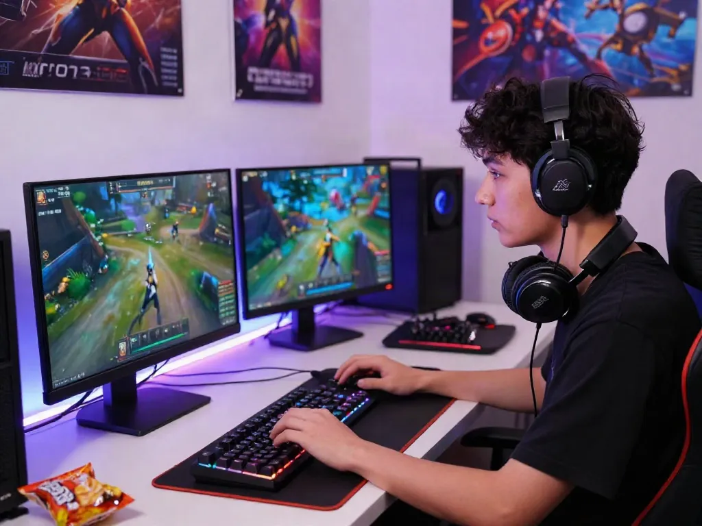 Gamer engaged in bro138 login, high-definition gaming setup with vibrant graphics and RGB lights.