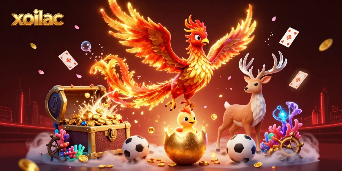 Engage with xoilac's dynamic sports betting scene featuring golden phoenix characters, stadium details, and vibrant casino elements.