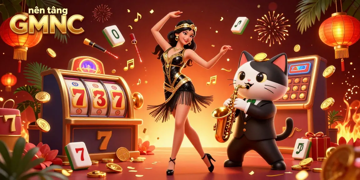 Experience the vibrant energy of nền tảng GMNC with a 3D woman in art deco attire and a saxophone cat amidst lively casino elements.