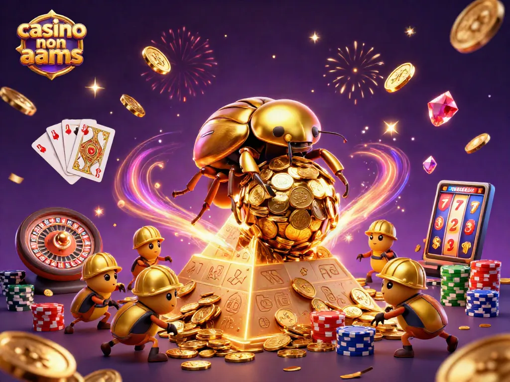 Gioca al casino non AAMS con un enorme scarabeo d'oro che fa rotolare monete mentre i suoi aiutanti lavorano.