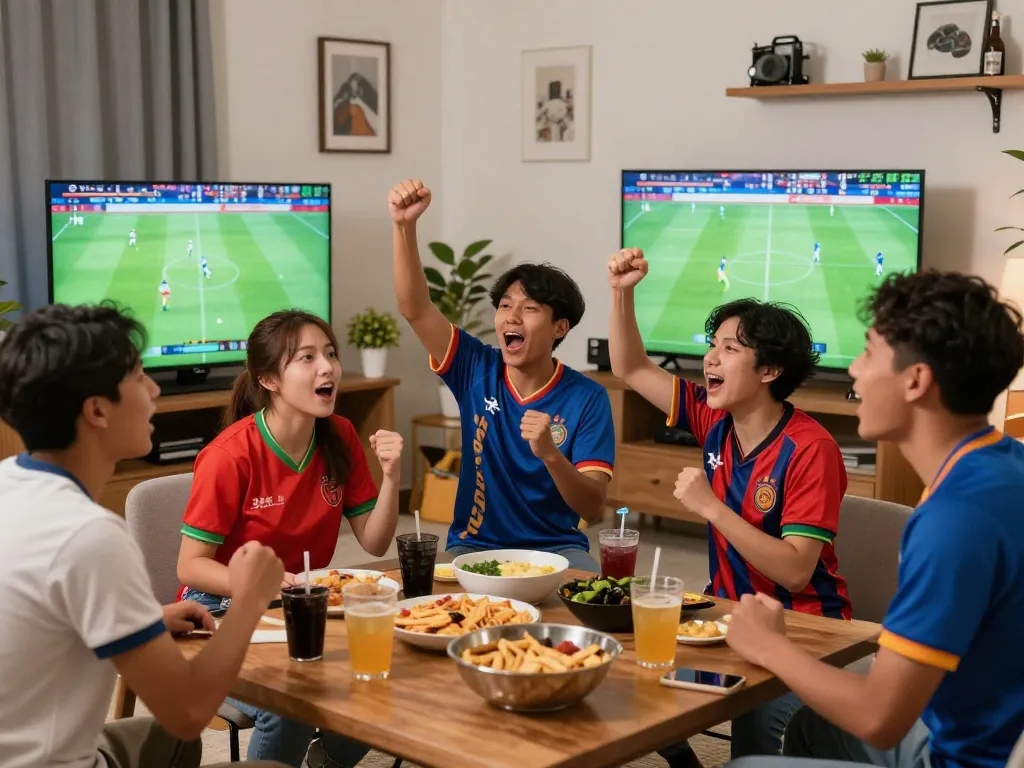 Fans enjoying live football on Luong Son TV with vibrant atmosphere and snacks.