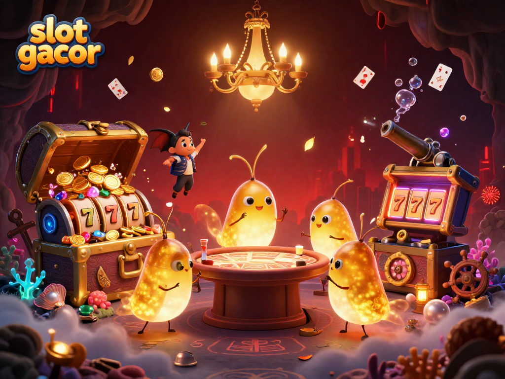 Experience the slot gacor excitement in a vibrant 3D casino scene with glowing characters and treasures.