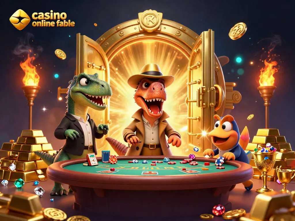 Gana en un casino online fiable disfrutando de una animada escena con dinosaurios jugando blackjack.