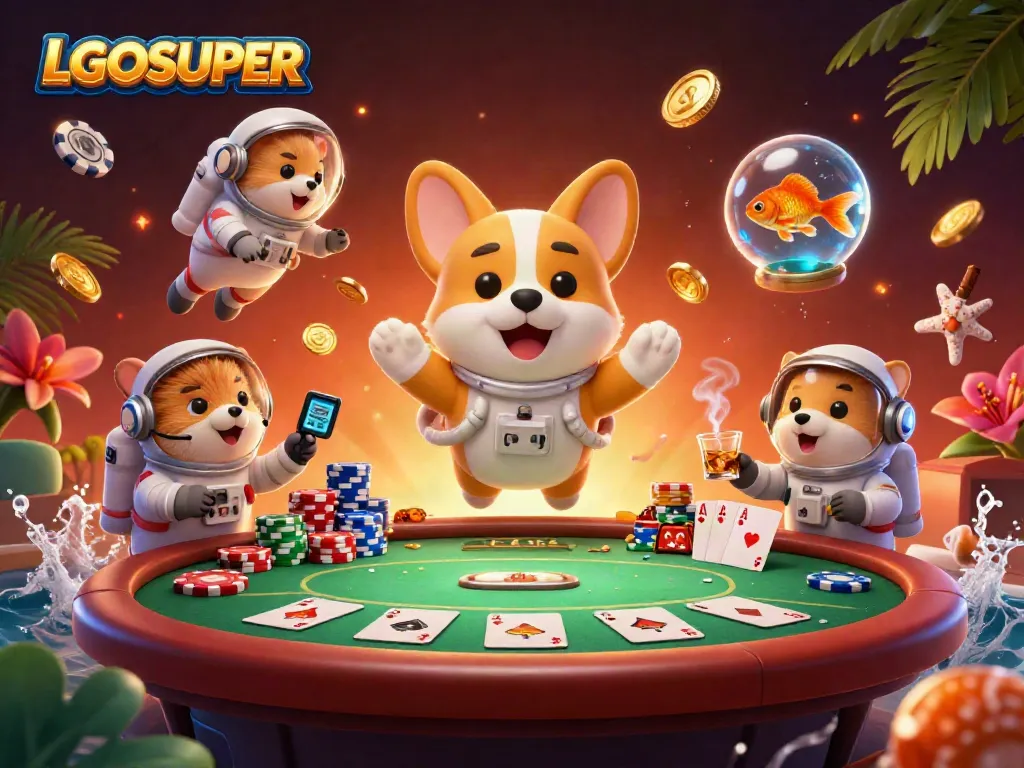 Experience the thrilling LGOSUPER gaming adventure with an astronaut corgi and vibrant casino elements.