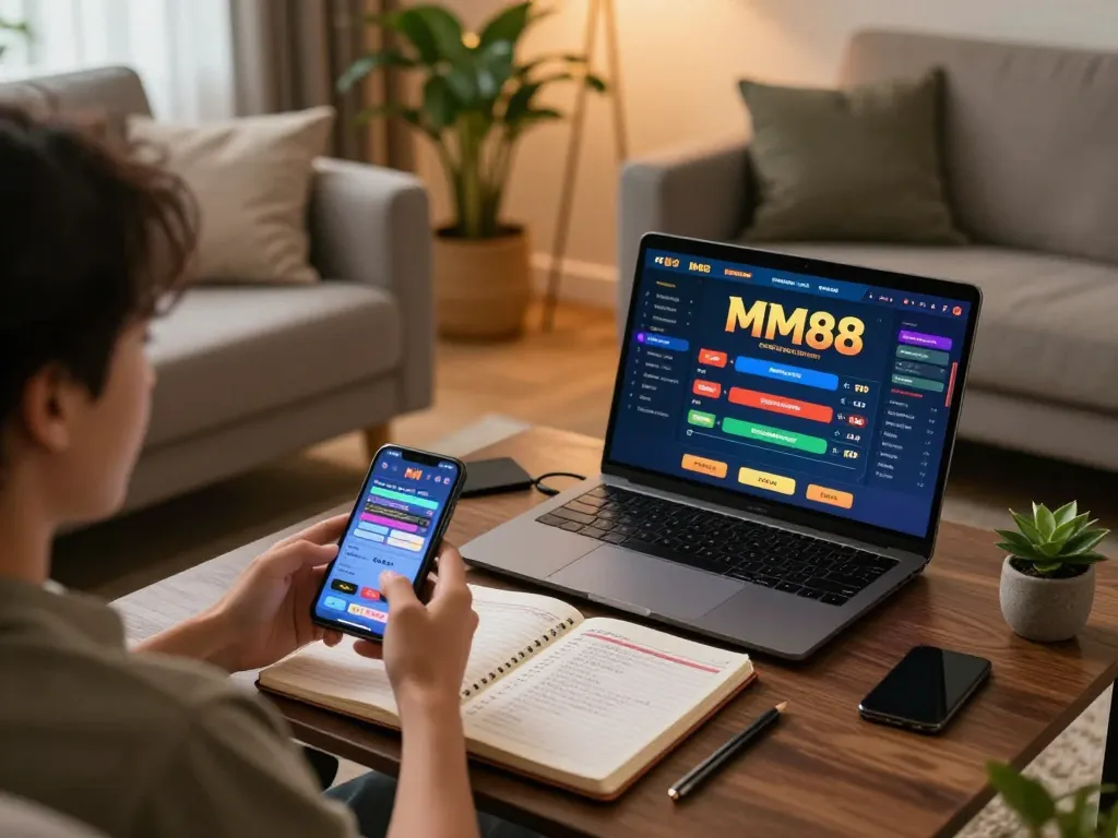 Engaging online setup for Link vào chơi MM88 with a user enjoying a mobile gaming experience.