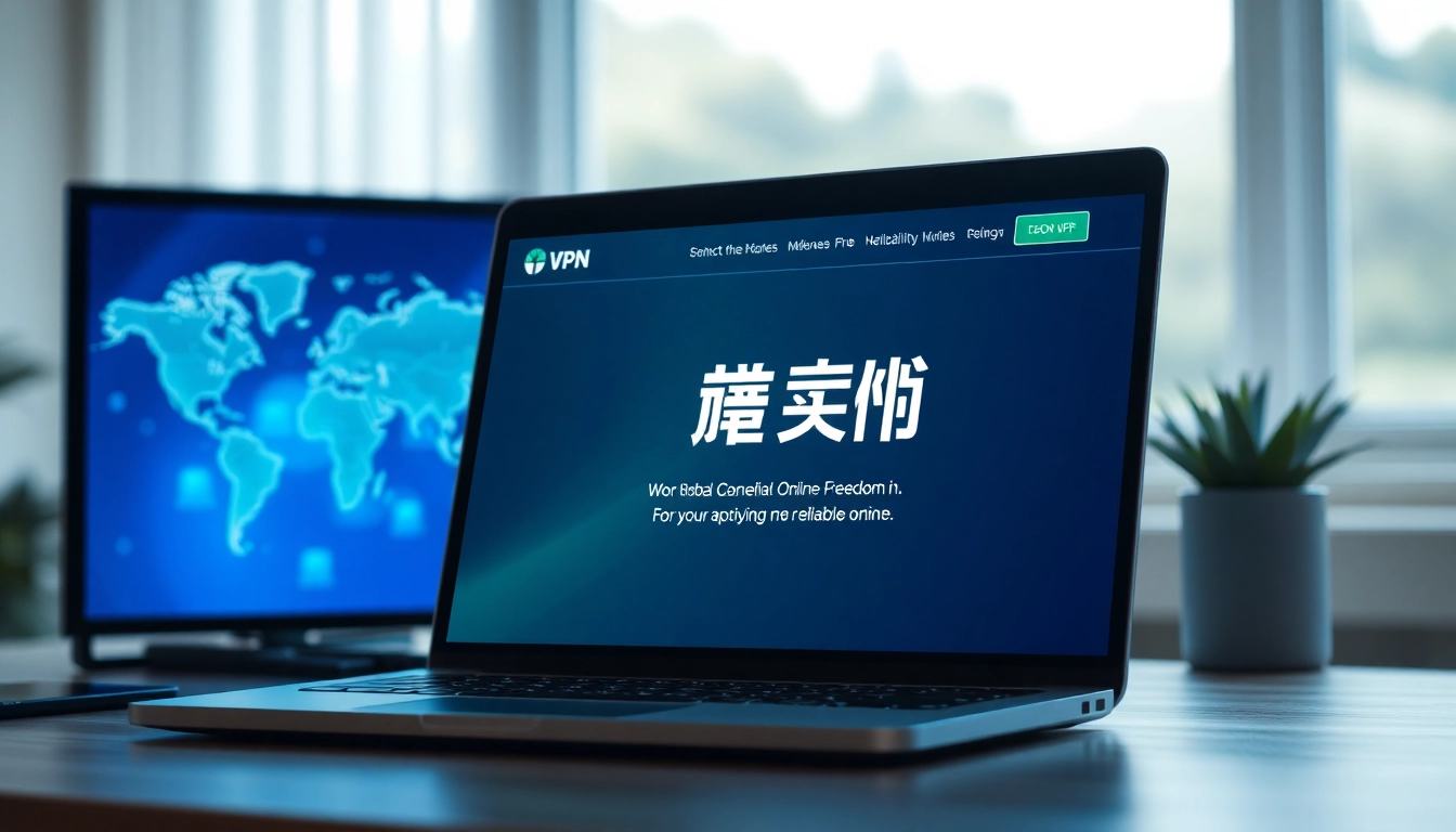 在专业工作区的笔记本电脑上显示的快连 VPN 网站，象征全球互联。