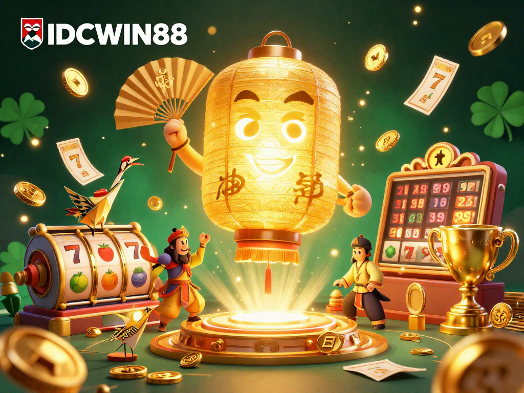IDCWIN88 features a captivating 3D illustration of a golden lantern spirit amid a dynamic casino scene with slot games.