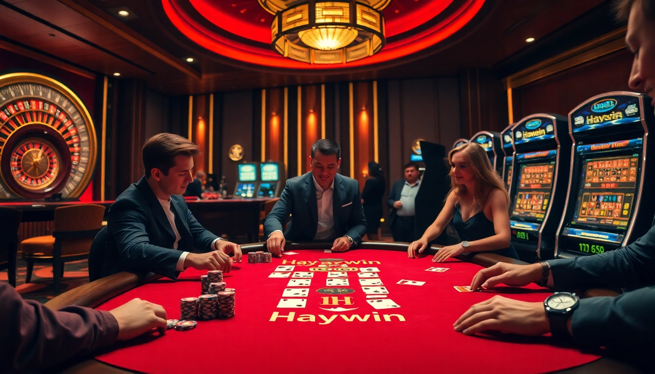 Players enjoying a thrilling poker game at Haywin Casino, with vibrant casino chips and cards.