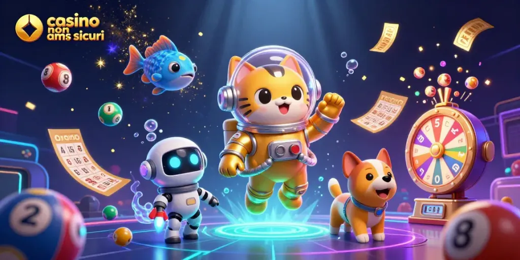 Scopri i casinò non AAMS sicuri con lotterie colorate e divertenti elementi di gioco in un'atmosfera spaziale.