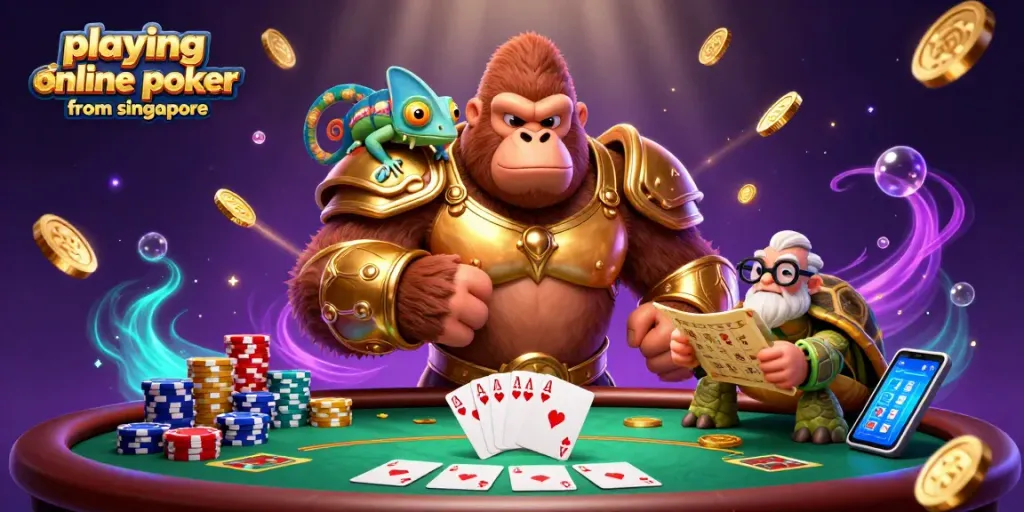Engage in playing online poker from Singapore with a 3D illustration of vibrant characters and casino elements.