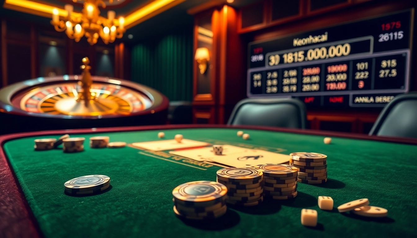 Experience the thrill of betting at Keonhacai with a luxurious poker table, roulette wheel, and elegant casino ambiance.